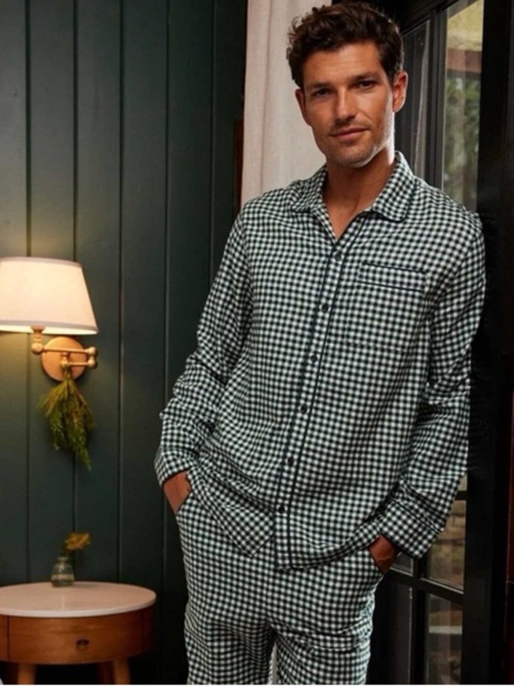 LAKE Men’s Flannel Piped Pants Pajama Set Conifer Gingham Size S